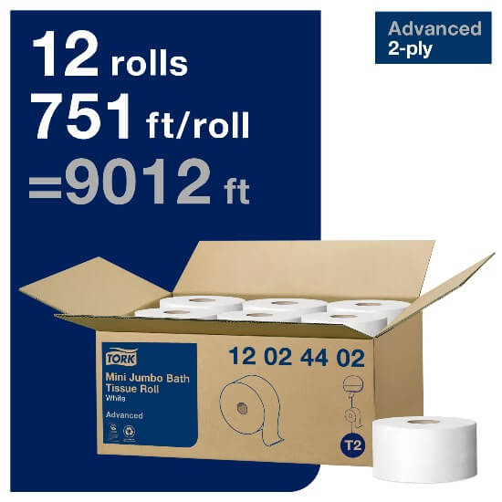 Tork Advanced T2 2-Ply 751' Mini Jumbo Toilet Paper Roll - 12/Case